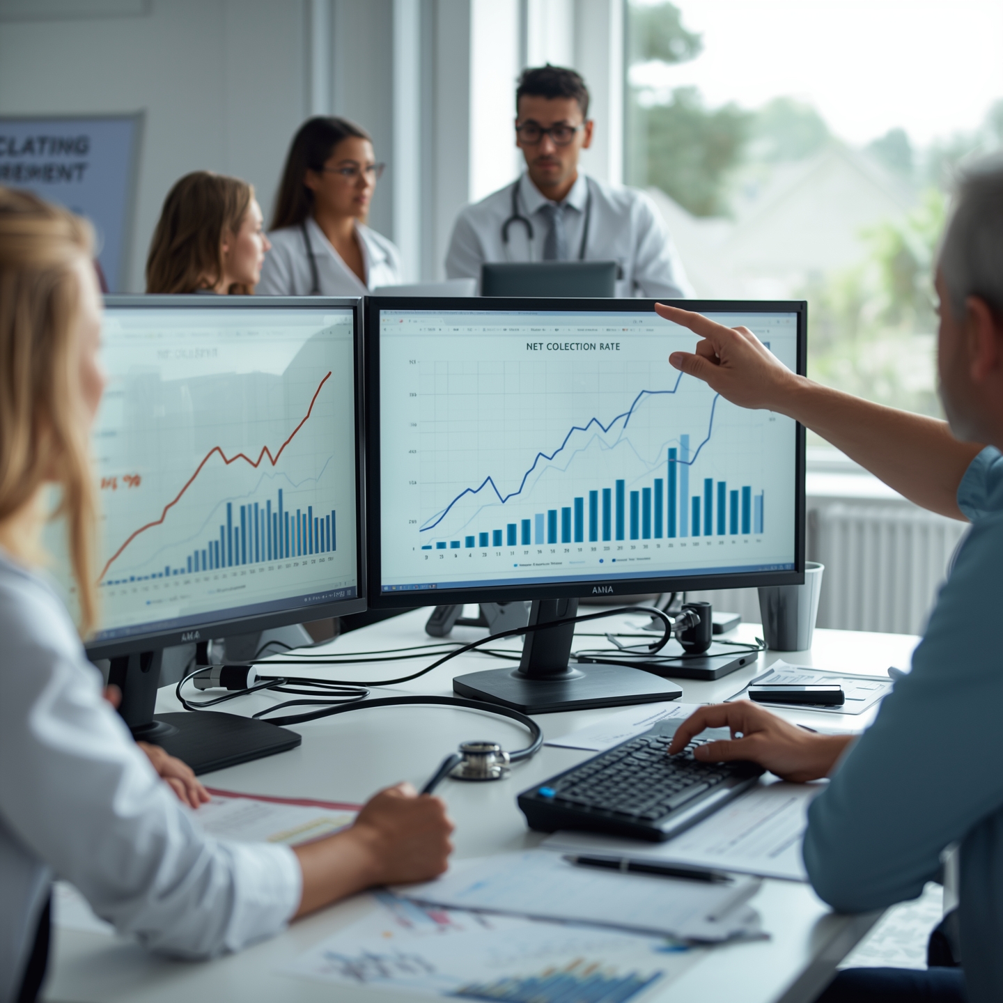 Healthcare billing team reviewing RCM audit data to improve net collection rate in 2025